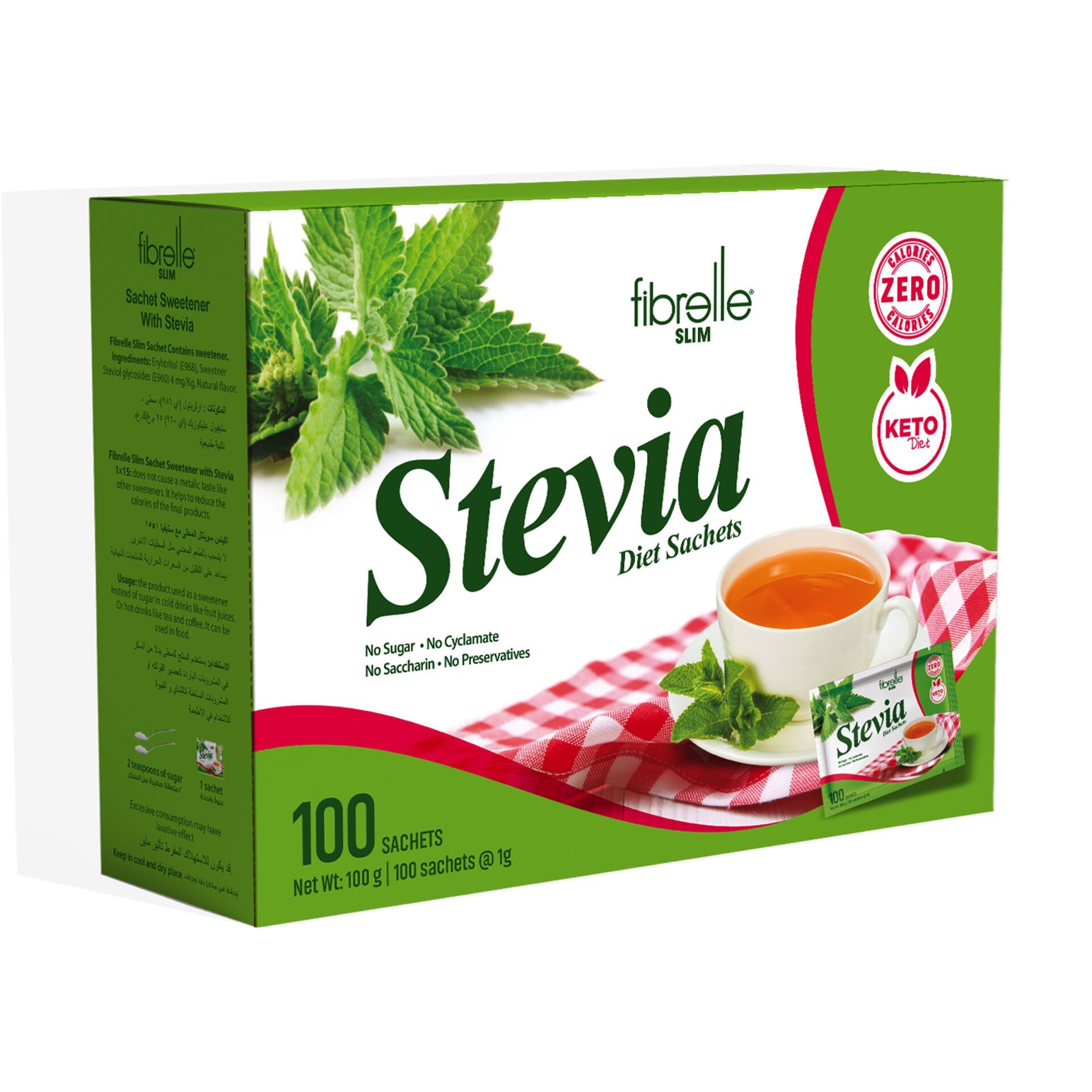 Fibrelle Slim Sachet Sweetener with Stevia ( 100 Sachet/Box ) 1 g = 15 g